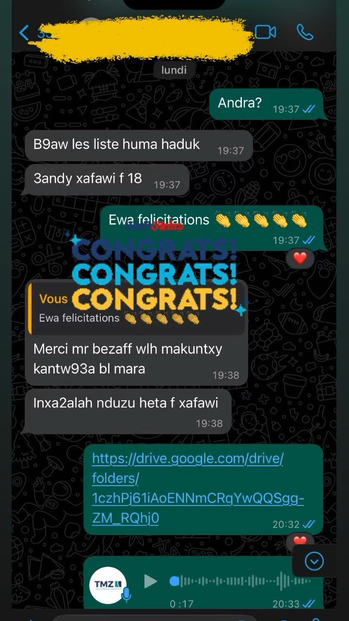 Message WhatsApp d'un lauréat TMZ Centre