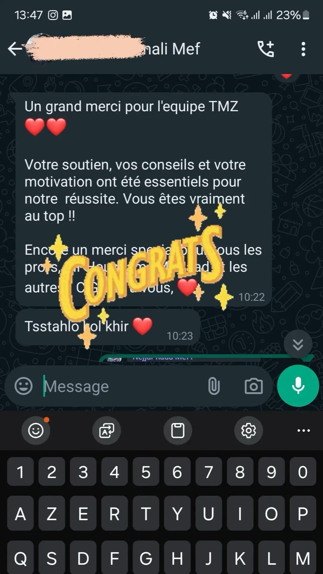 Message WhatsApp d'un lauréat TMZ Centre
